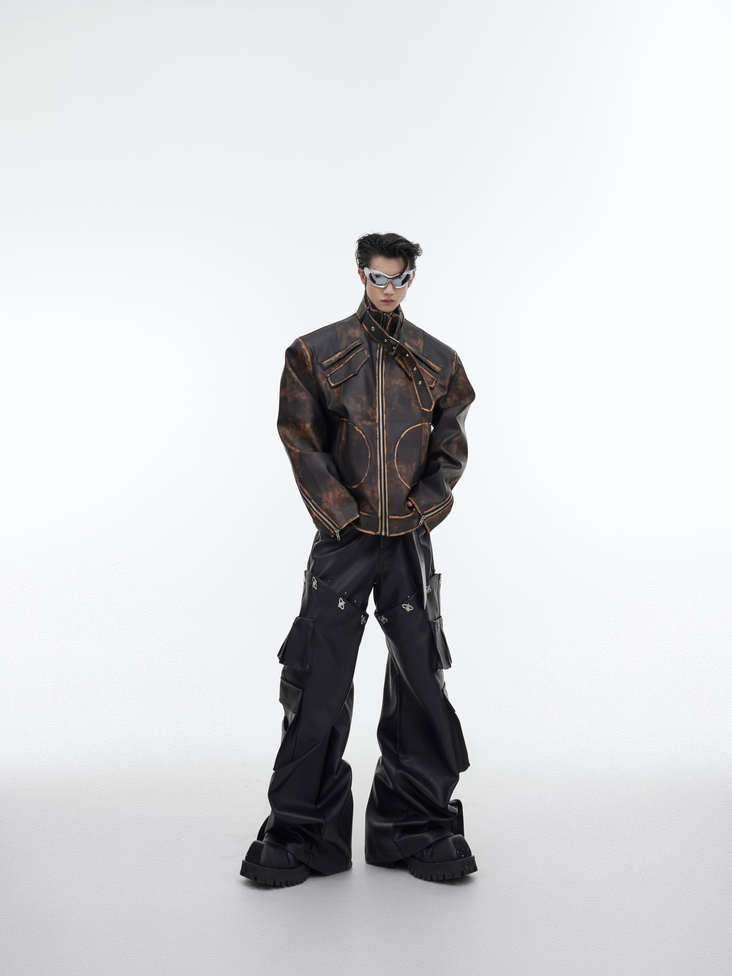 【23s October.】Brown Vintage Distressed PU Leather Jacket-IYAMIUIO