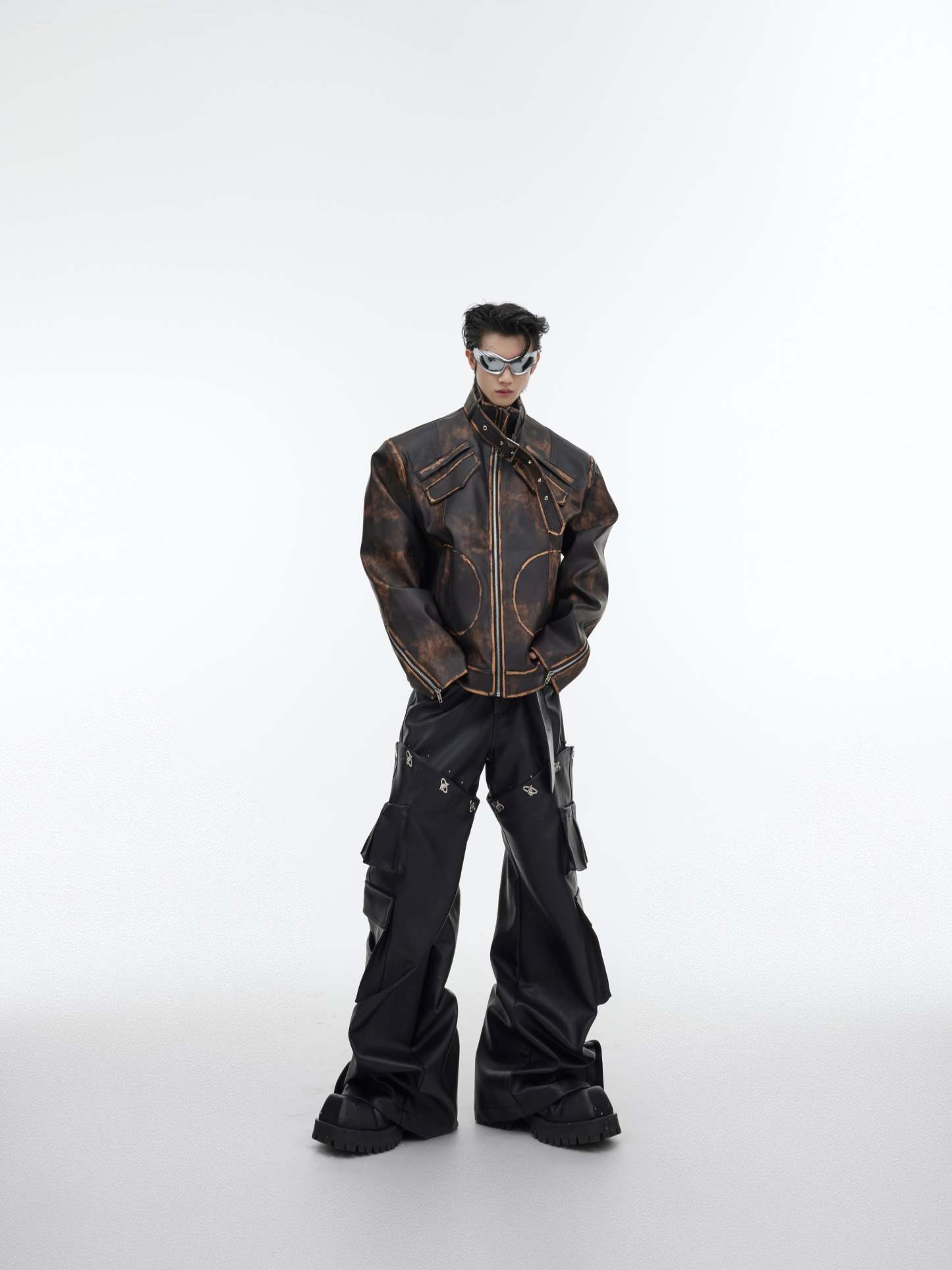 【23s October.】Brown Vintage Distressed PU Leather Jacket-IYAMIUIO