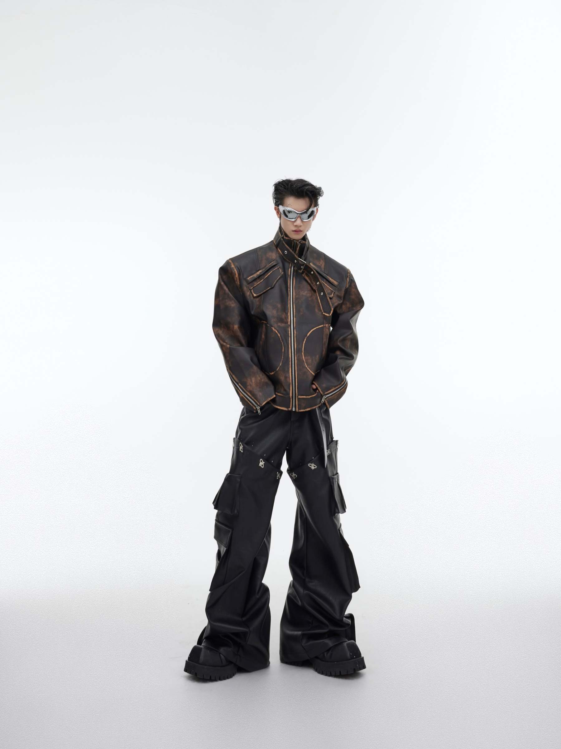 【23s October.】Brown Vintage Distressed PU Leather Jacket-IYAMIUIO