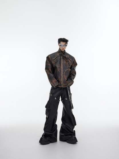 【23s October.】Brown Vintage Distressed PU Leather Jacket-IYAMIUIO