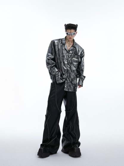 【24s Aug.】Liquid Silver Texture Metal Logo Embellished Shirt-IYAMIUIO