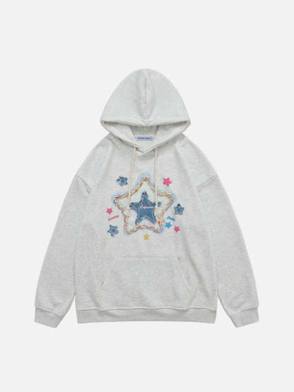 Aelfric Eden Denim Star Applique Embroidery Hoodie-IYAMIUIO