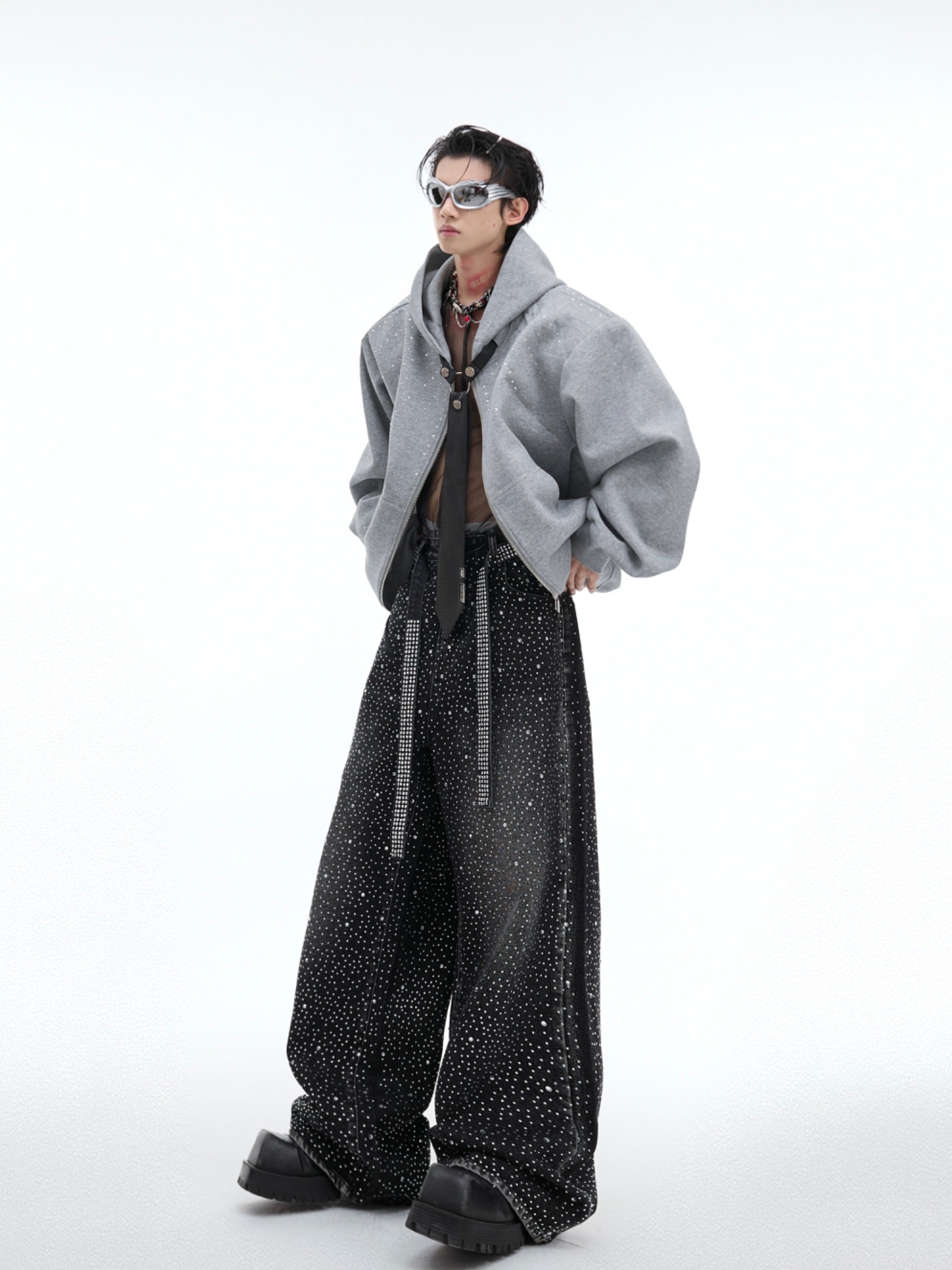 【24s Oct.】Rhinestone Detachable Tie Design Hoodie-IYAMIUIO