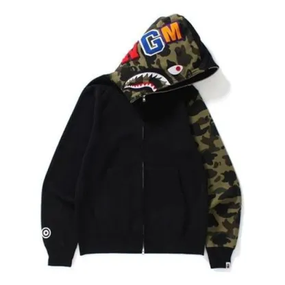 A Bathing Ape Shark Camo Sleeve Full Zip Hoodie 'Black' 1D20-115-607