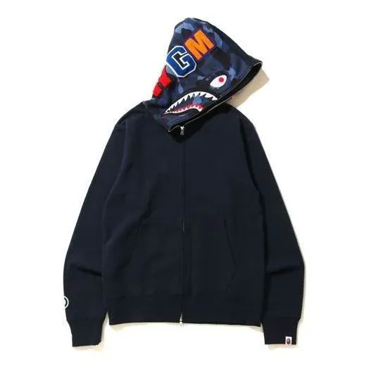 A Bathing Ape Shark Camo Hood Full Zip Hoodie 'Black Navy' 1G20-115-010