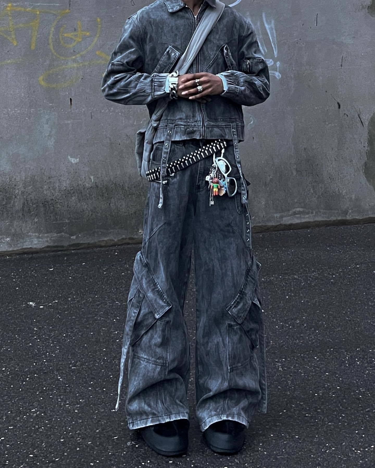【23s September.】Vintage Denim Jacket  Baggy Cargo Pants Set