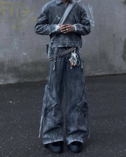 【23s September.】Vintage Denim Jacket  Baggy Cargo Pants Set