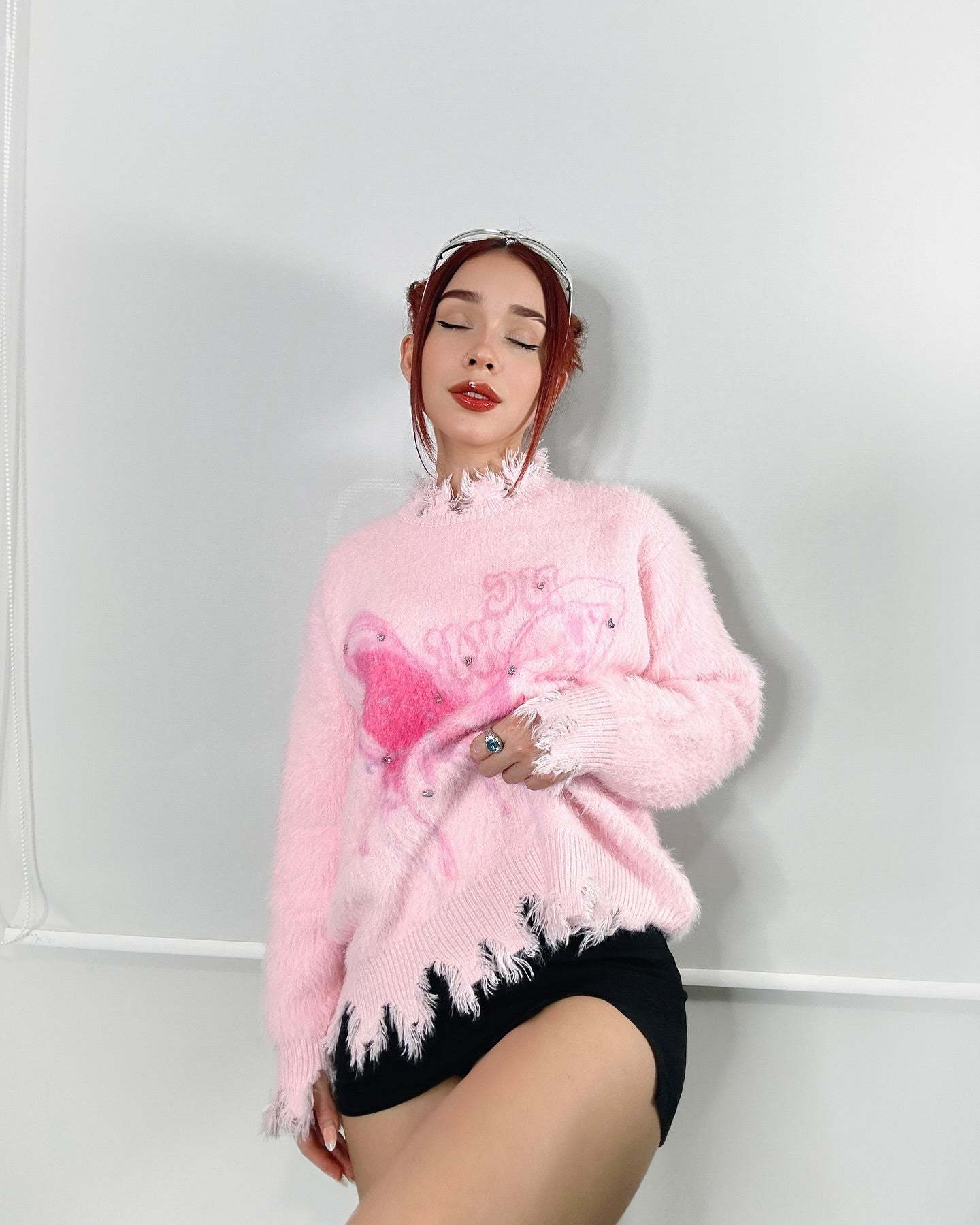 【23s December.】Butterfly Rhinestone Distressed Loose Sweater-IYAMIUIO