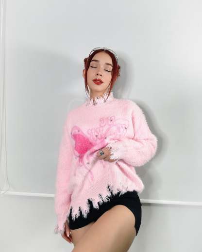 【23s December.】Butterfly Rhinestone Distressed Loose Sweater-IYAMIUIO
