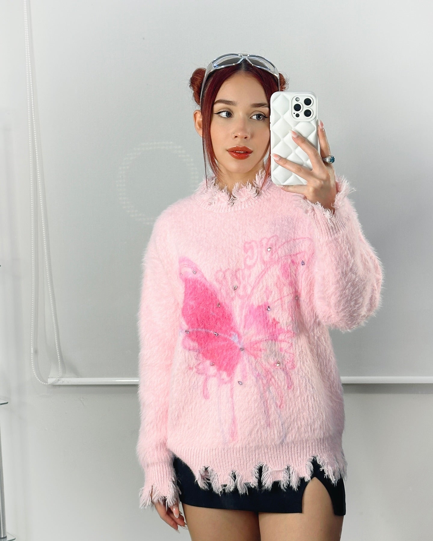 【23s December.】Butterfly Rhinestone Distressed Loose Sweater-IYAMIUIO