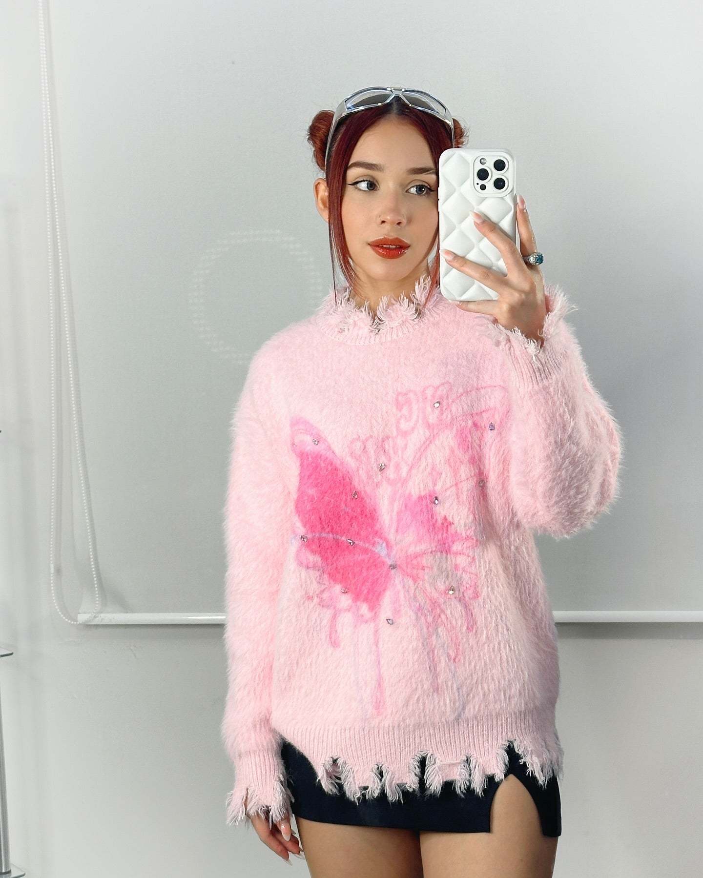 【23s December.】Butterfly Rhinestone Distressed Loose Sweater-IYAMIUIO