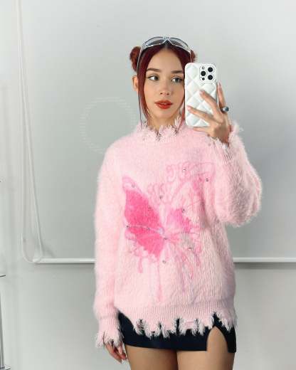 【23s December.】Butterfly Rhinestone Distressed Loose Sweater-IYAMIUIO