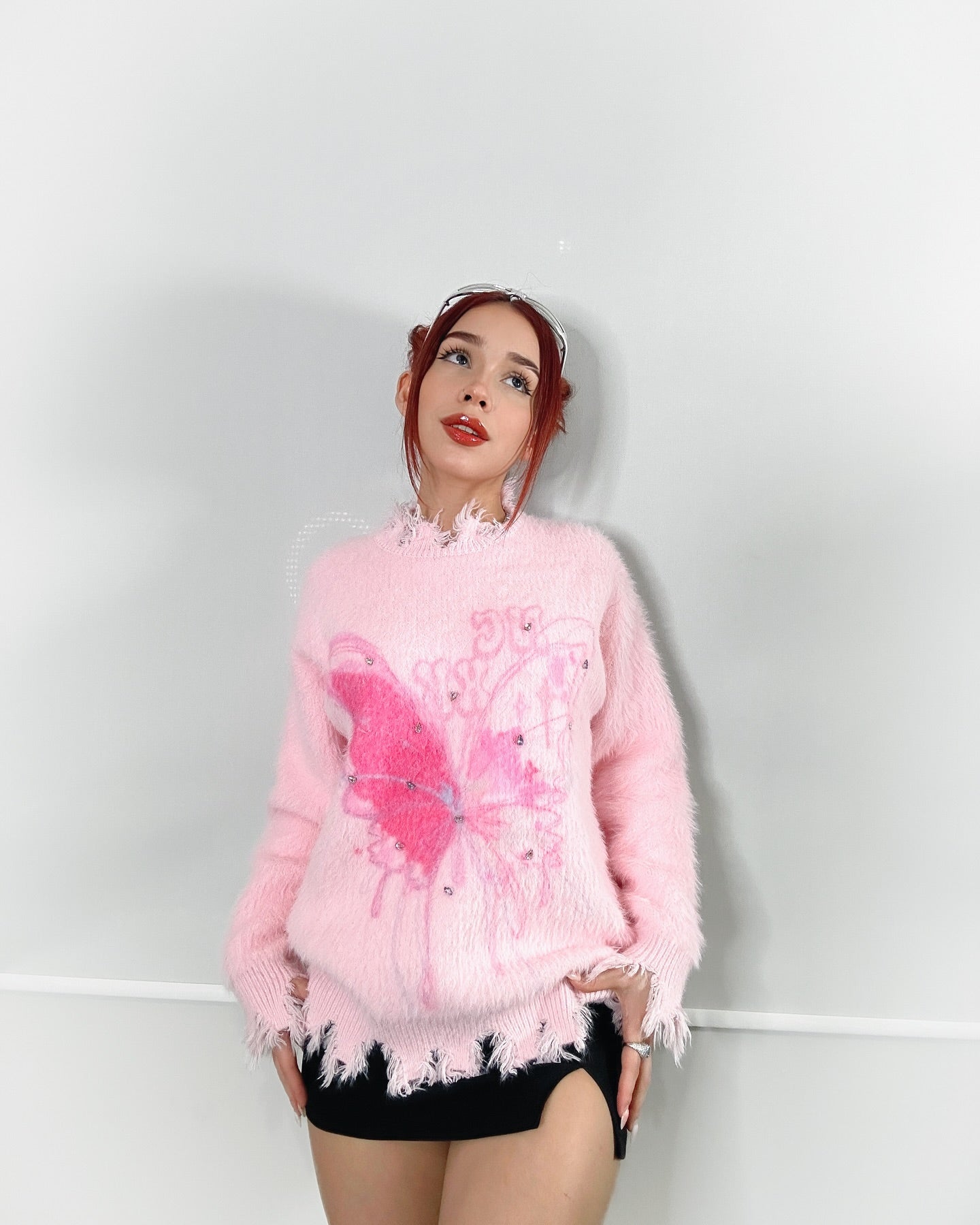 【23s December.】Butterfly Rhinestone Distressed Loose Sweater-IYAMIUIO