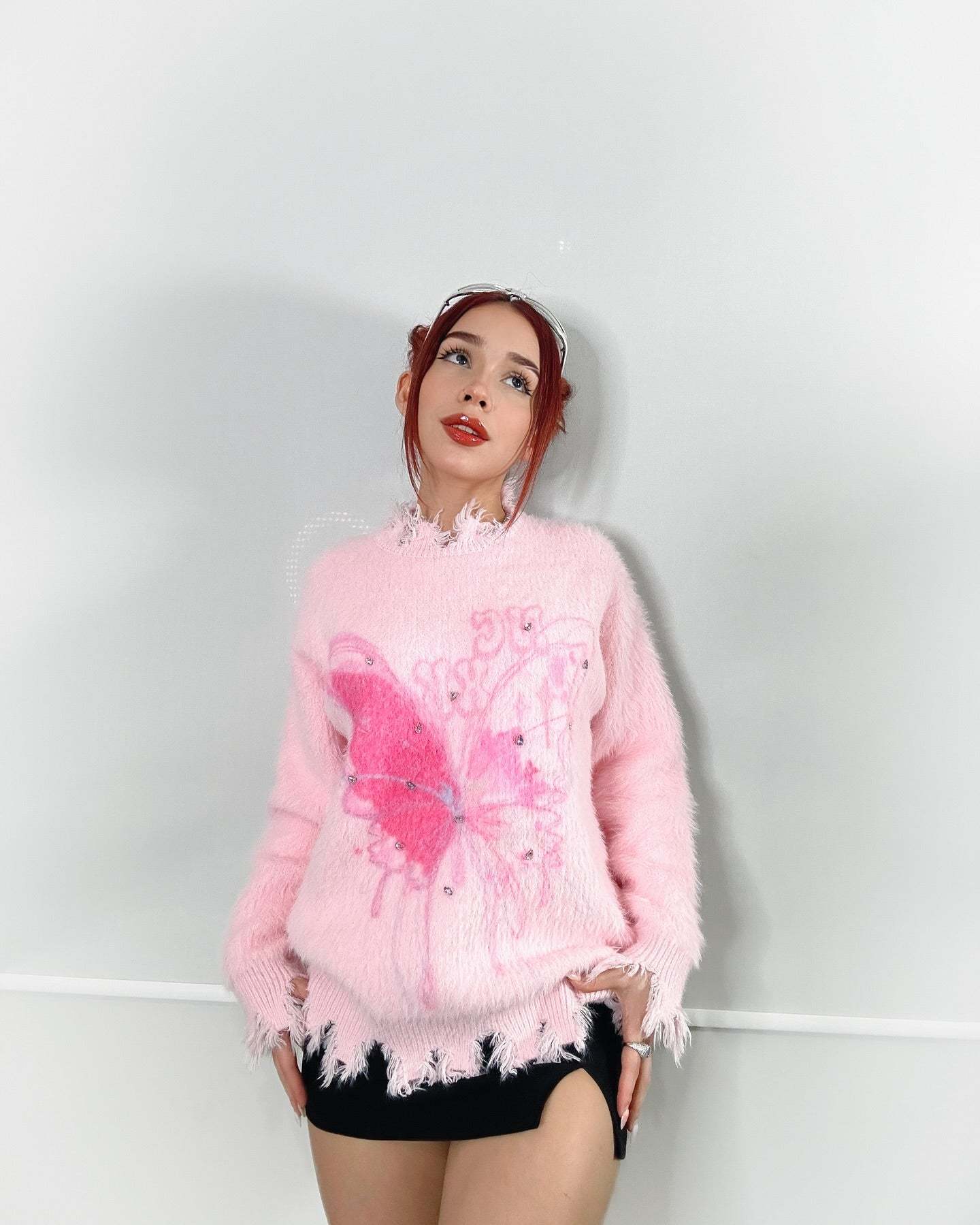 【23s December.】Butterfly Rhinestone Distressed Loose Sweater-IYAMIUIO