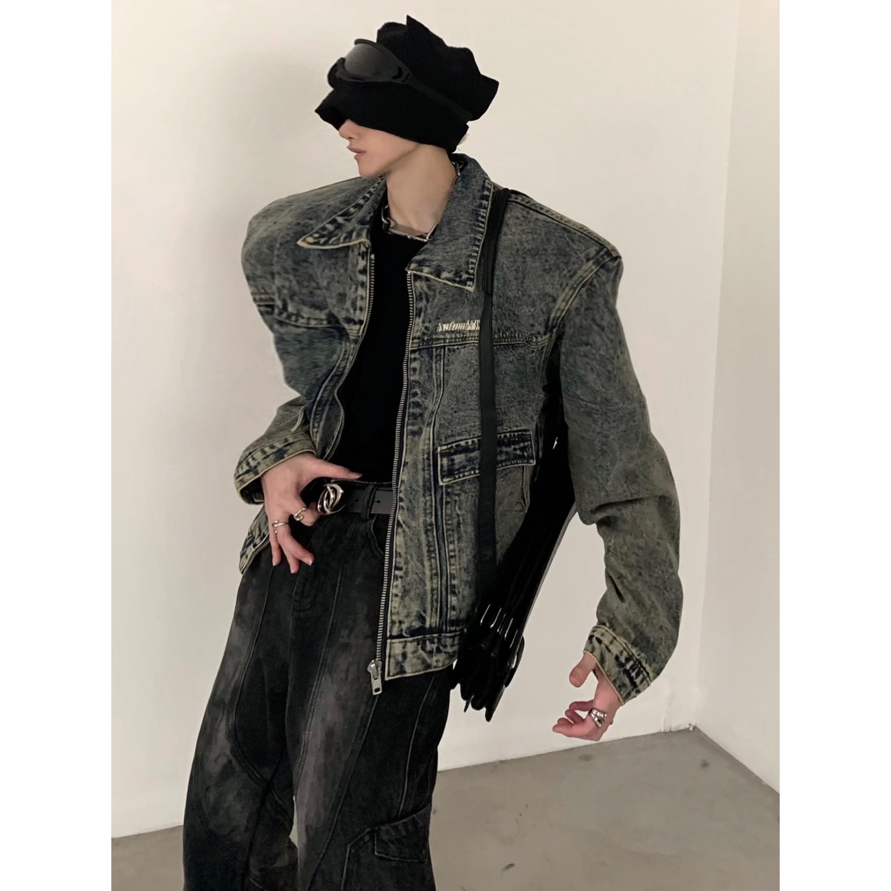 【24s March.】Retro Two-tone Shoulder Padded Denim Jacket-IYAMIUIO