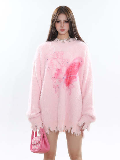 【23s December.】Butterfly Rhinestone Distressed Loose Sweater-IYAMIUIO