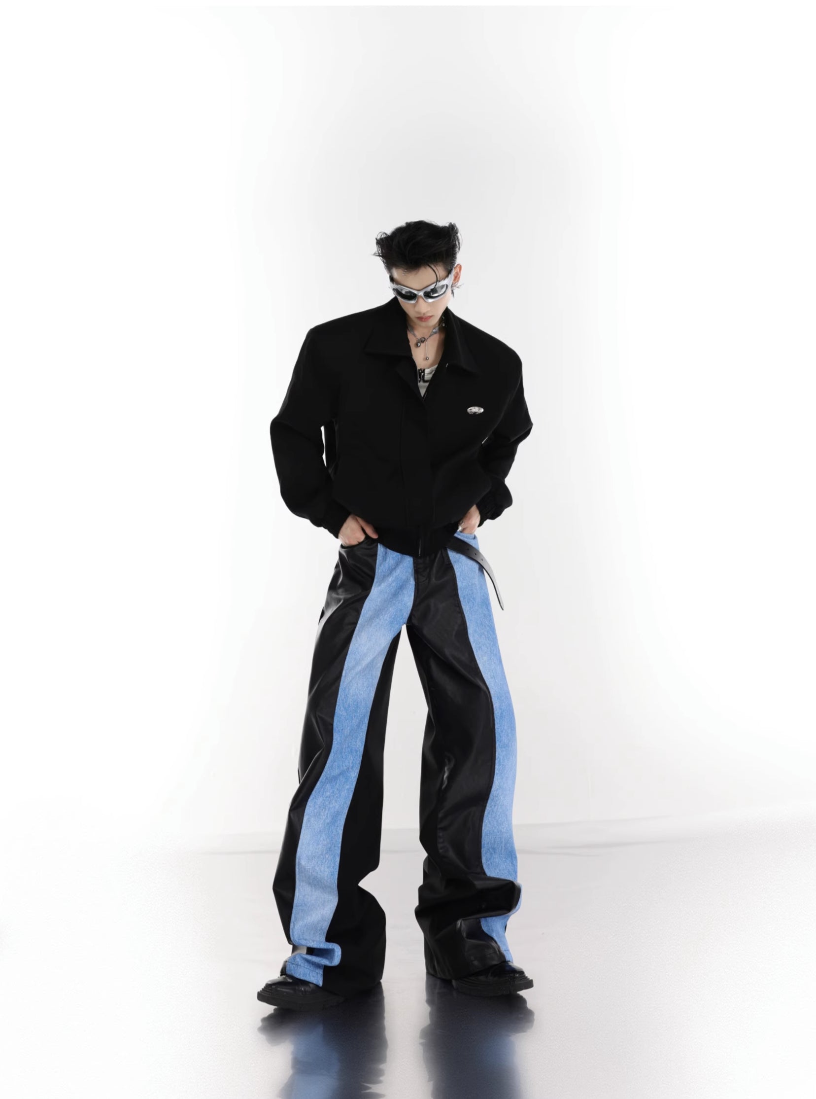 【23s July.】PU Leather Blue Black Trousers-IYAMIUIO