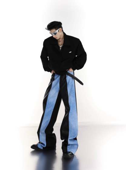 【23s July.】PU Leather Blue Black Trousers-IYAMIUIO