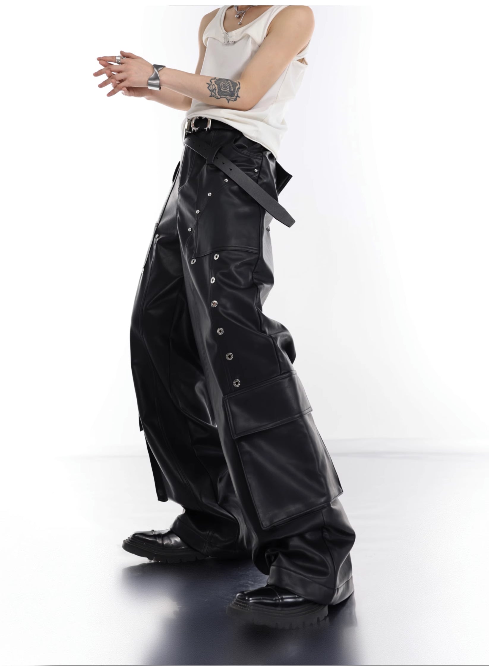 【23s July.】Large Pocket Studded Leather Pants-IYAMIUIO