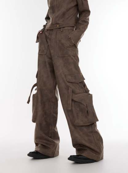 【23s August.】Large Pocket Cargo PU Leather Pants-IYAMIUIO