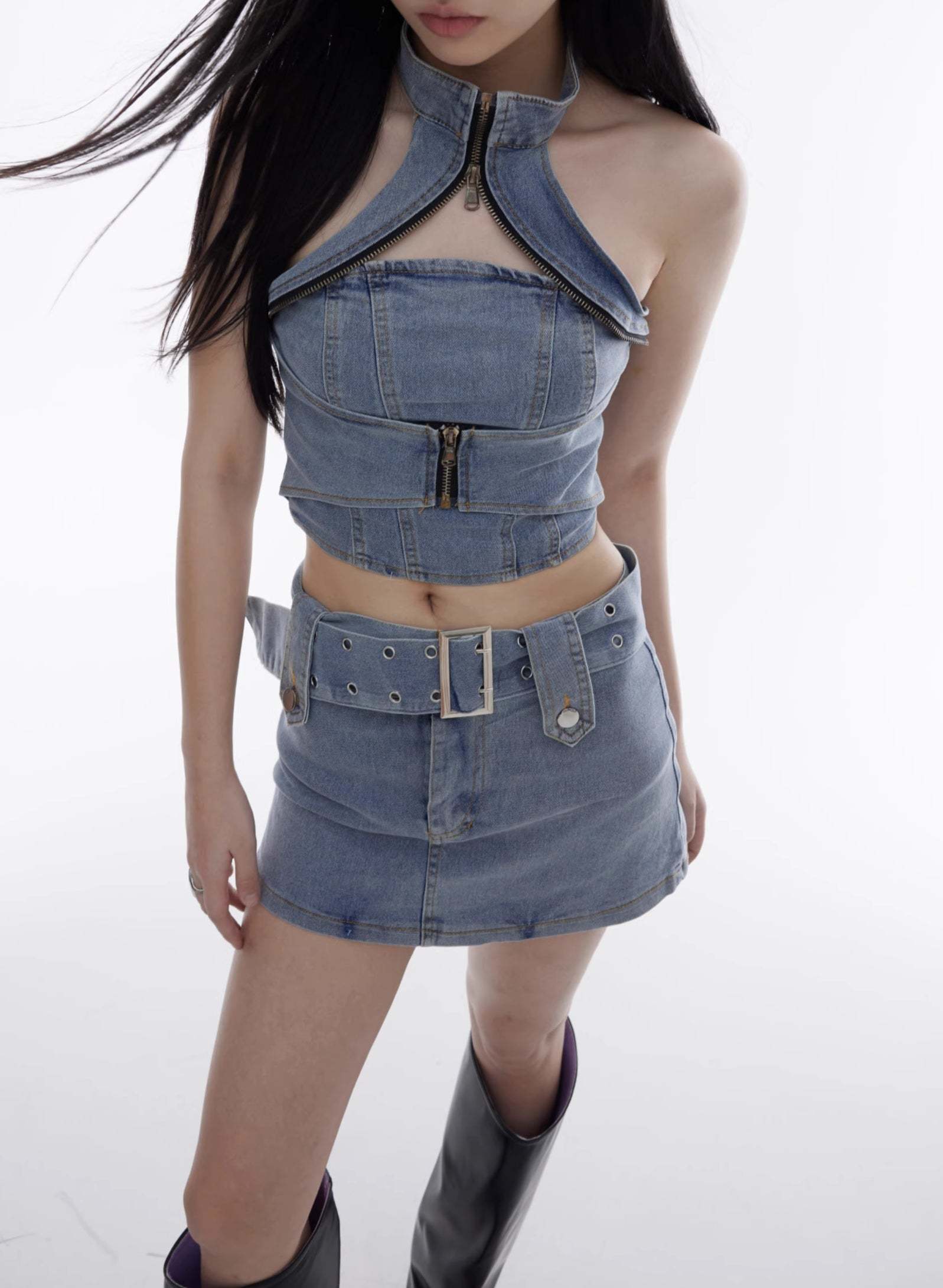 【23s August.】Trend Denim Vest Tight Skirt-IYAMIUIO