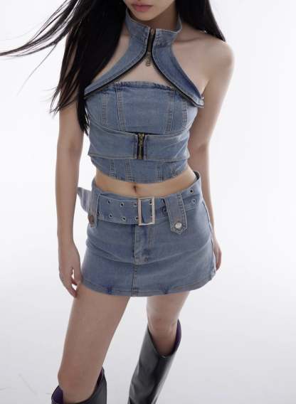 【23s August.】Trend Denim Vest Tight Skirt-IYAMIUIO