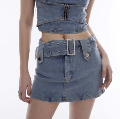 【23s August.】Trend Denim Vest Tight Skirt-IYAMIUIO