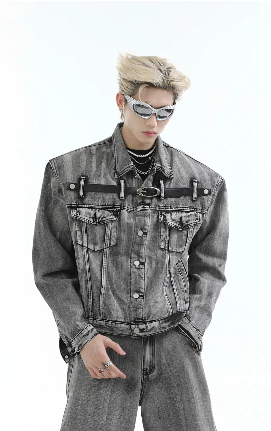 【24s Aug.】Heavy Distressed Belt-decorated Denim Suit-IYAMIUIO