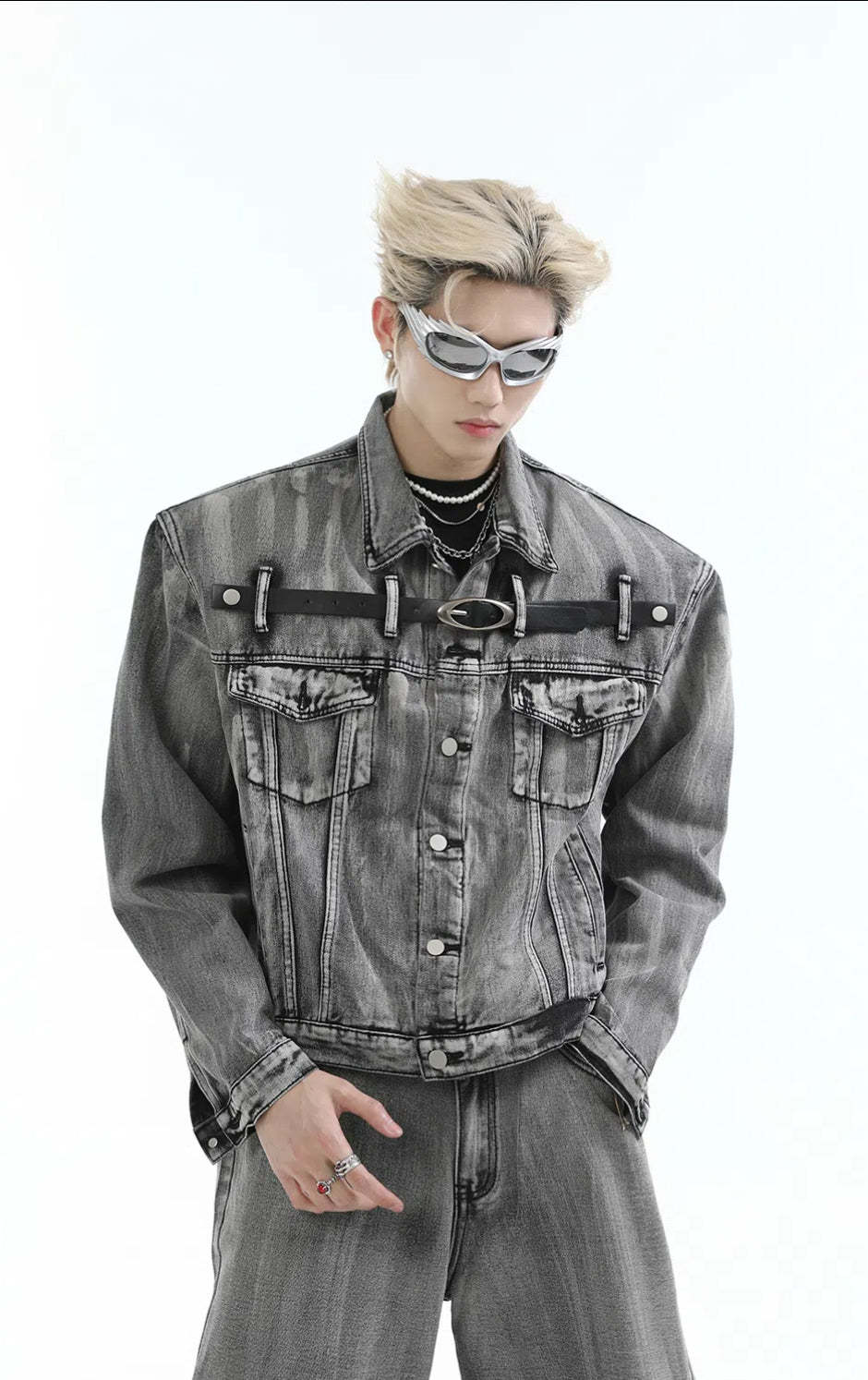 【24s Aug.】Heavy Distressed Belt-decorated Denim Suit-IYAMIUIO