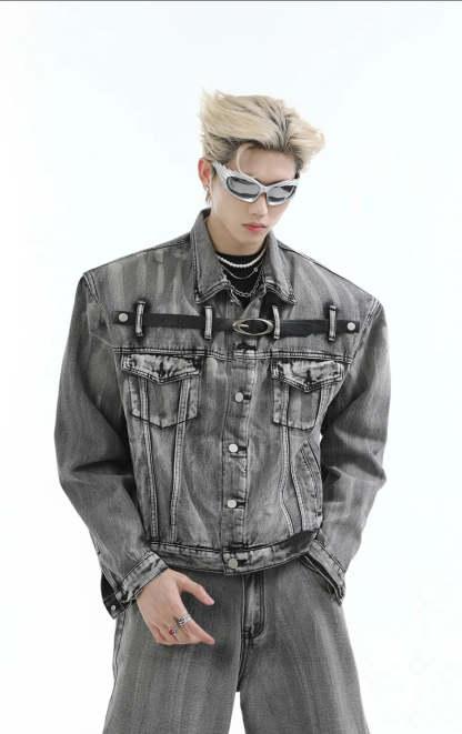 【24s Aug.】Heavy Distressed Belt-decorated Denim Suit-IYAMIUIO