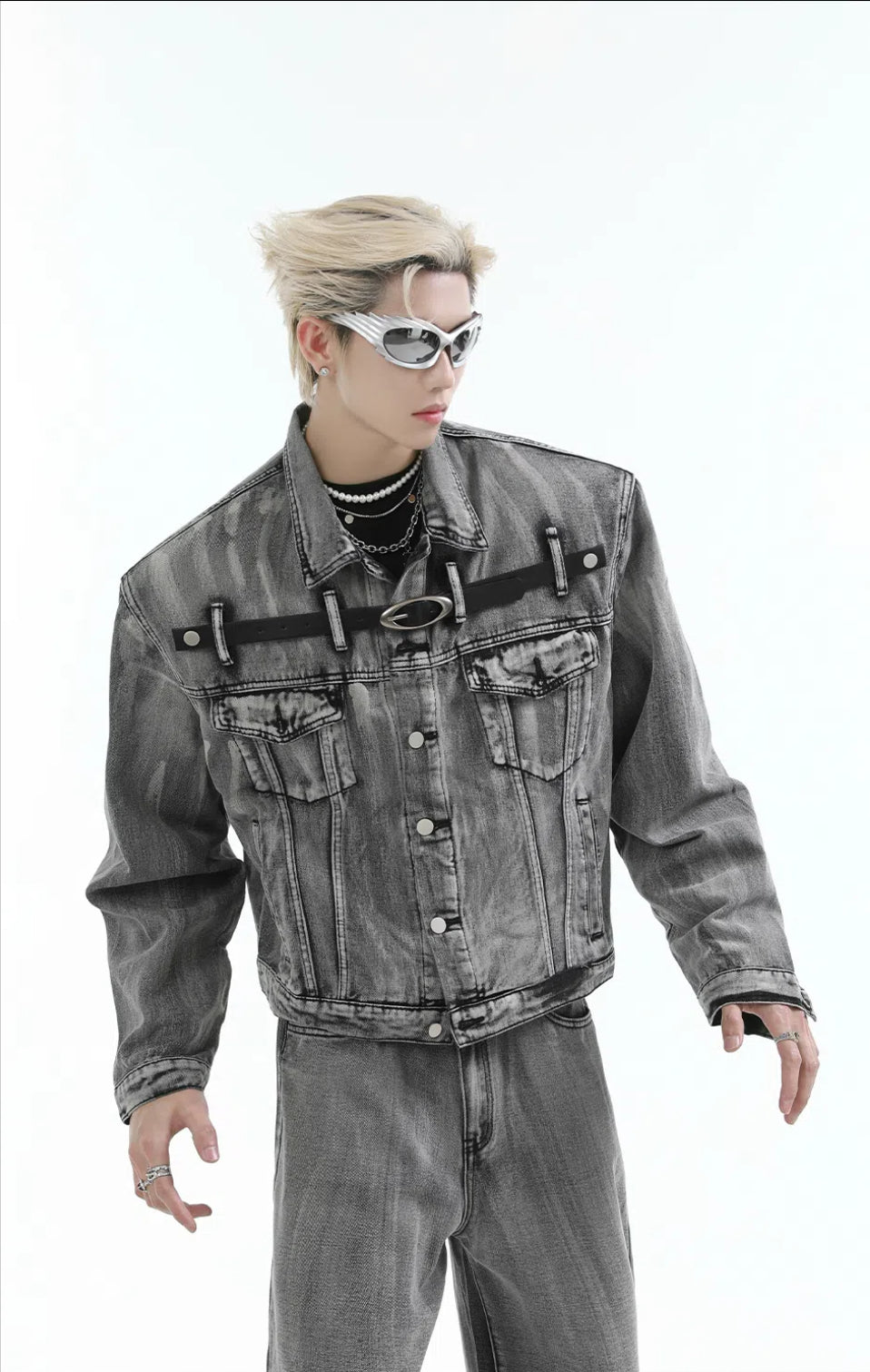 【24s Aug.】Heavy Distressed Belt-decorated Denim Suit-IYAMIUIO