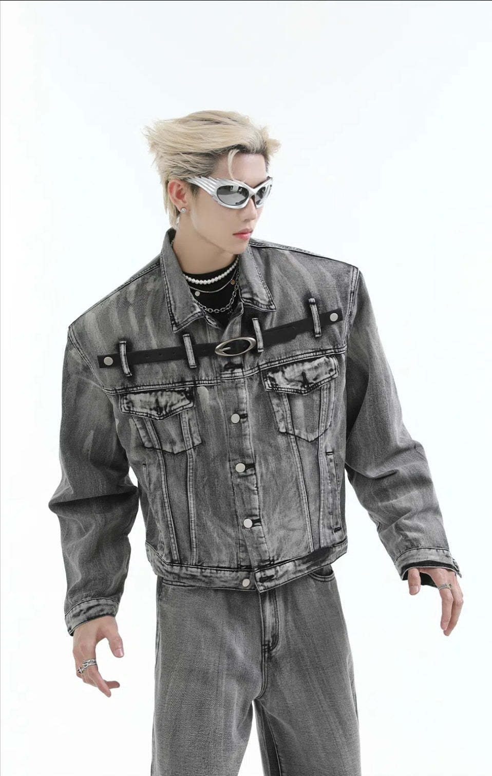【24s Aug.】Heavy Distressed Belt-decorated Denim Suit-IYAMIUIO