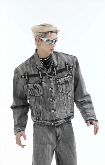 【24s Aug.】Heavy Distressed Belt-decorated Denim Suit-IYAMIUIO