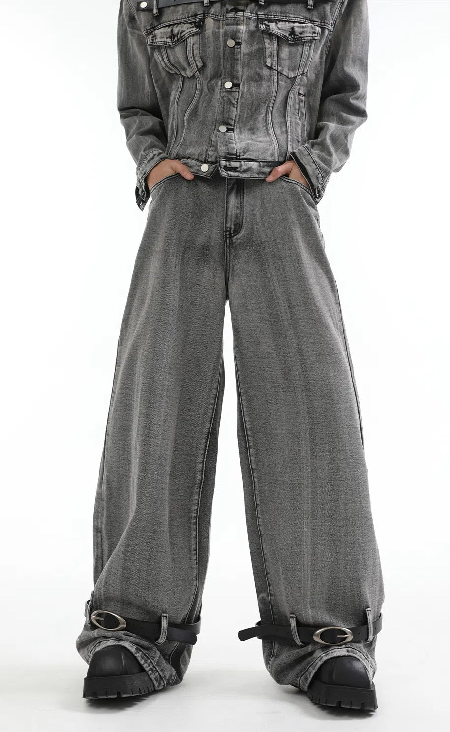 【24s Aug.】Heavy Distressed Belt-decorated Denim Suit-IYAMIUIO