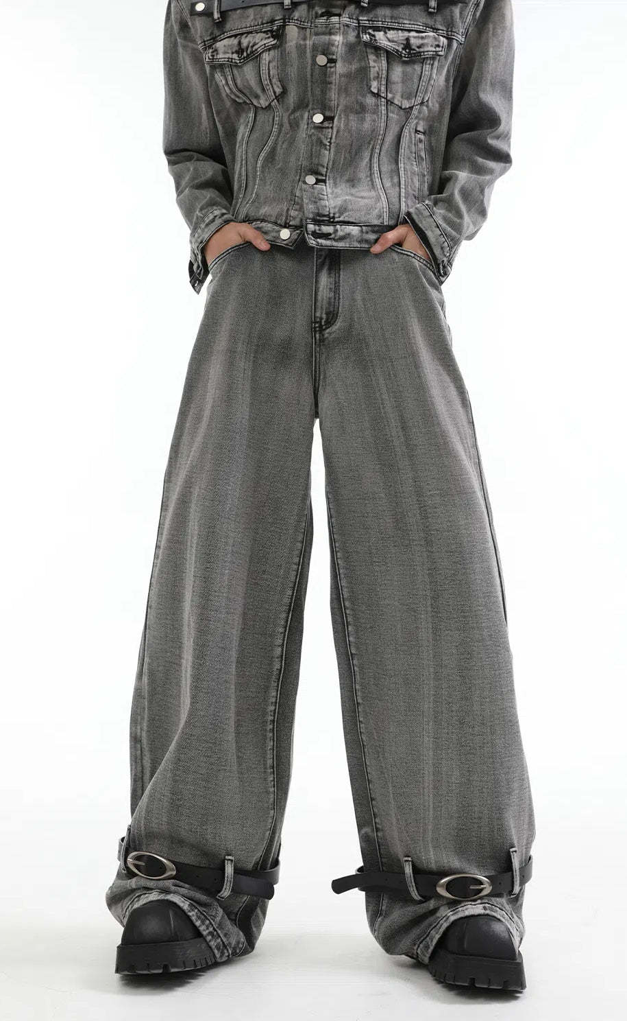 【24s Aug.】Heavy Distressed Belt-decorated Denim Suit-IYAMIUIO