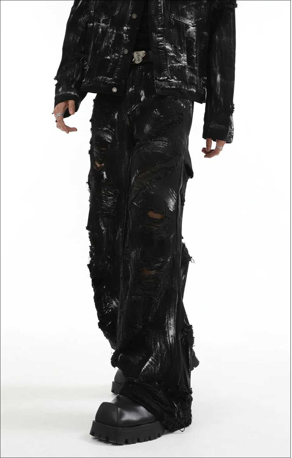 【24s Aug.】 Ink Splash Deconstructed Ripped Denim Suit-IYAMIUIO