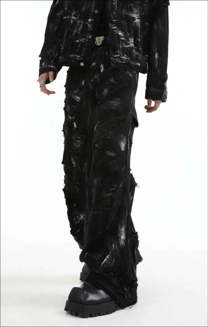 【24s Aug.】 Ink Splash Deconstructed Ripped Denim Suit-IYAMIUIO
