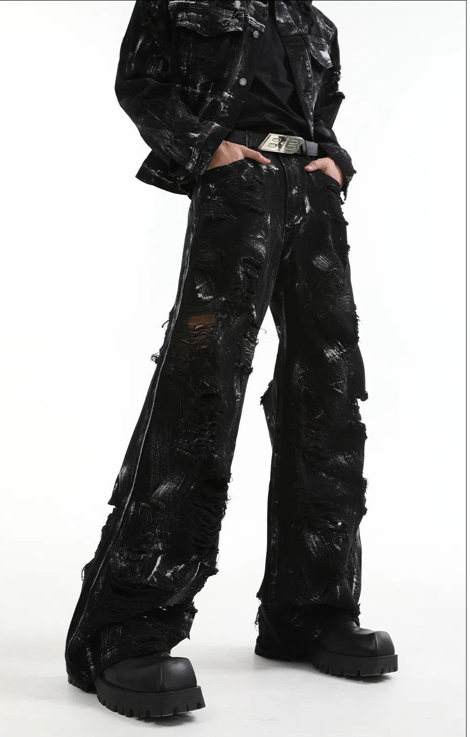 【24s Aug.】 Ink Splash Deconstructed Ripped Denim Suit-IYAMIUIO