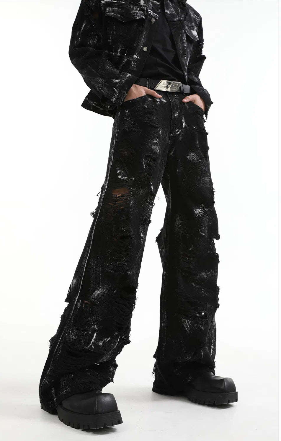 【24s Aug.】 Ink Splash Deconstructed Ripped Denim Suit-IYAMIUIO