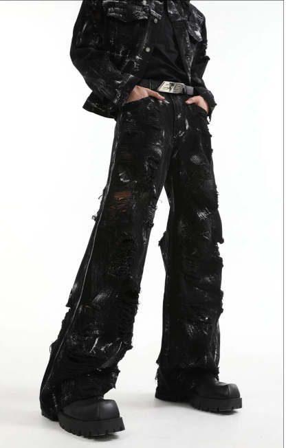 【24s Aug.】 Ink Splash Deconstructed Ripped Denim Suit-IYAMIUIO