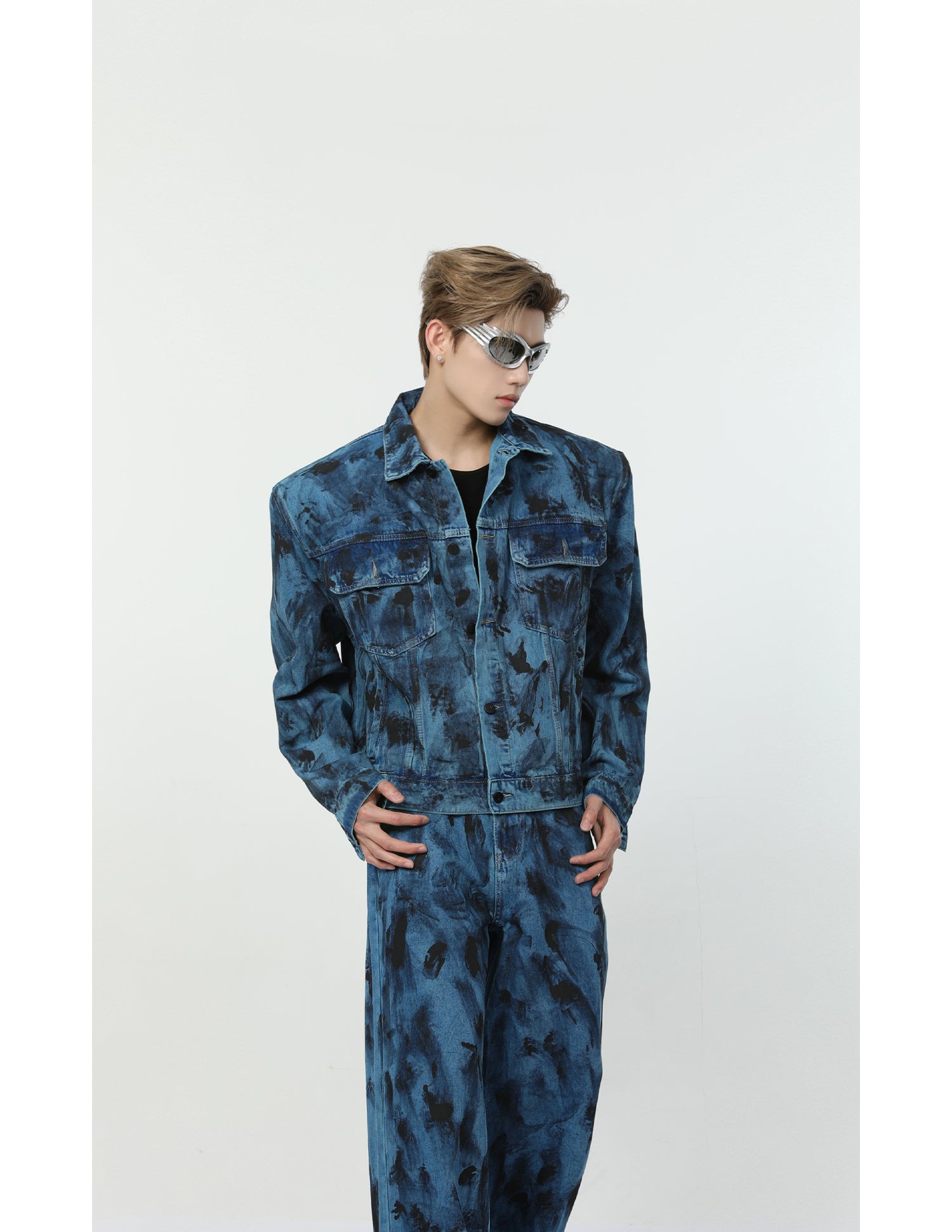 【24s Aug.】Spotted Shoulder Pad Loose Straight Denim Set-IYAMIUIO