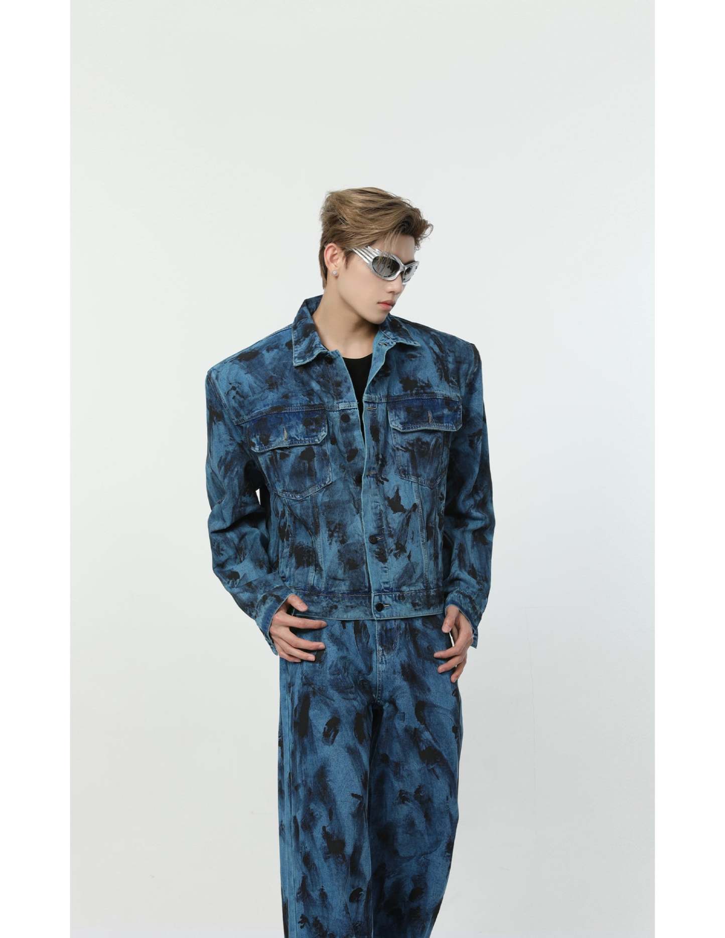 【24s Aug.】Spotted Shoulder Pad Loose Straight Denim Set-IYAMIUIO