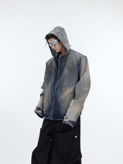 【24s January.】Retro Distressed Hooded Denim Jacket-IYAMIUIO