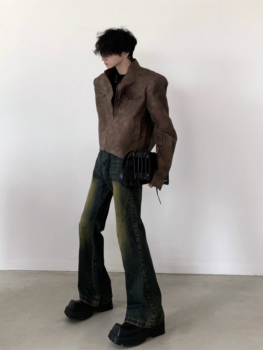 【23s August.】Brown Shoulder Pad Leather Jacket-IYAMIUIO
