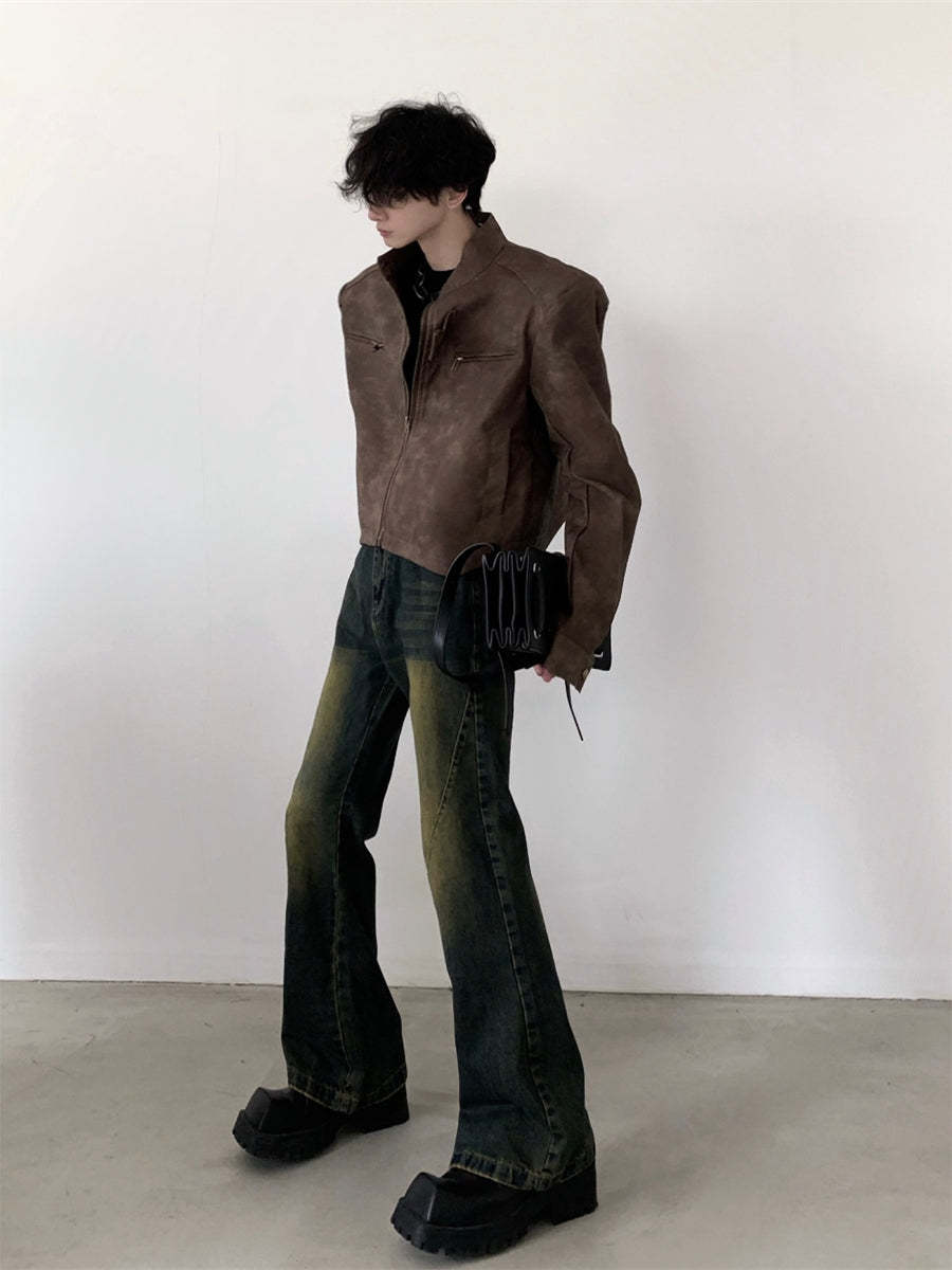 【23s August.】Brown Shoulder Pad Leather Jacket-IYAMIUIO