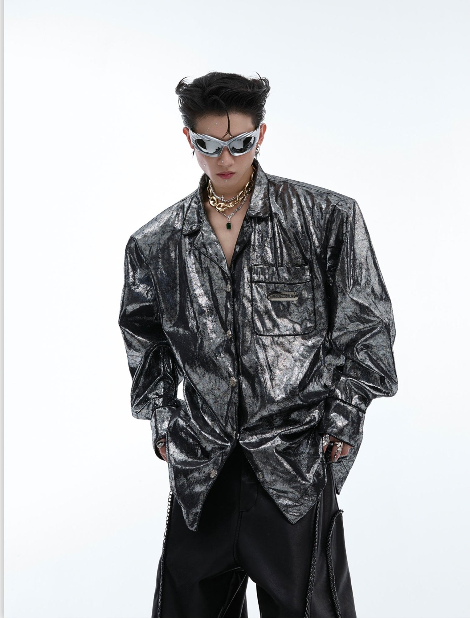 【24s Aug.】Liquid Silver Texture Metal Logo Embellished Shirt-IYAMIUIO