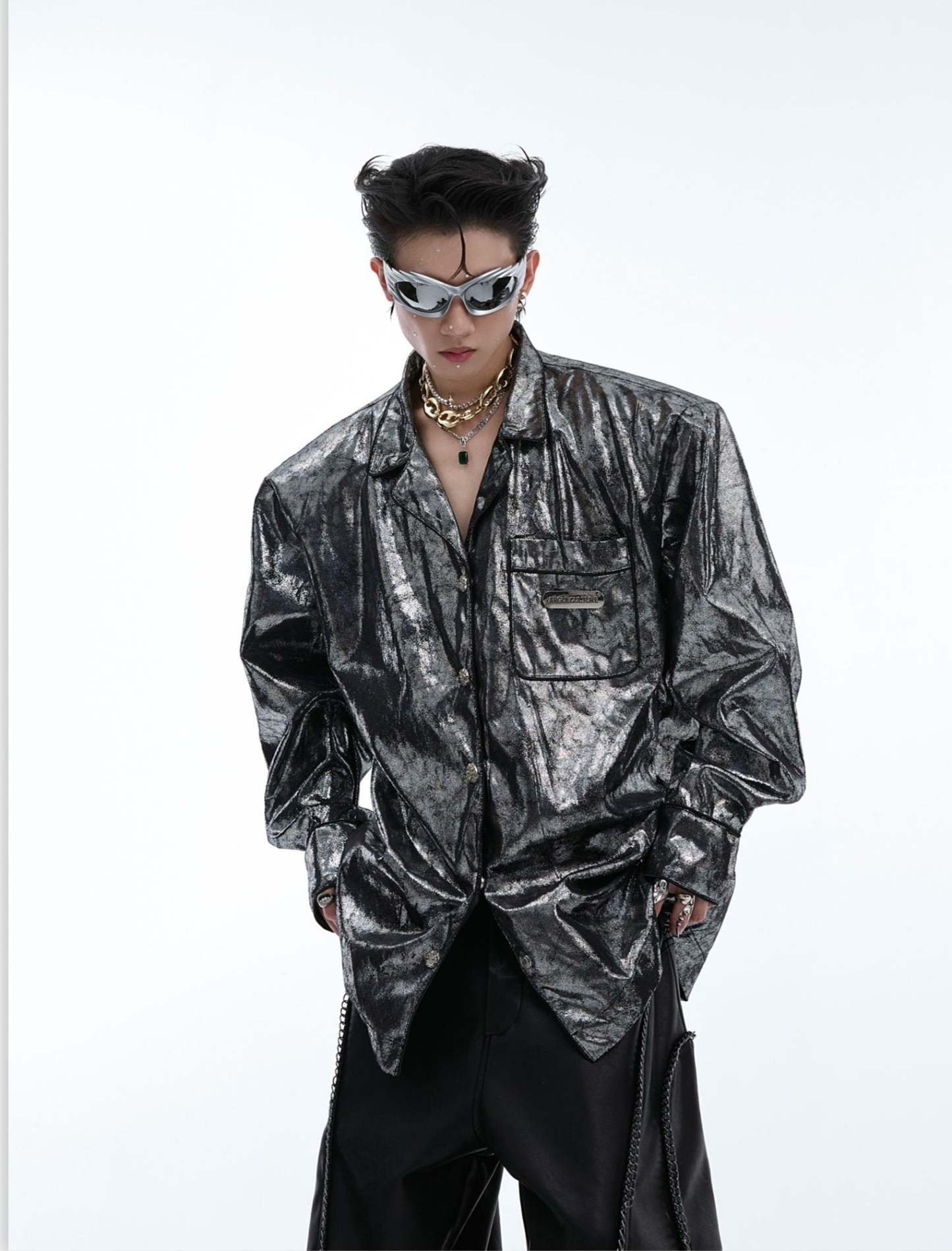 【24s Aug.】Liquid Silver Texture Metal Logo Embellished Shirt-IYAMIUIO