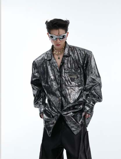 【24s Aug.】Liquid Silver Texture Metal Logo Embellished Shirt-IYAMIUIO