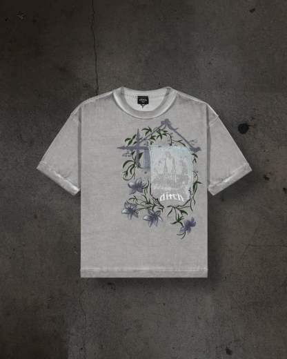 EMBROIDERED SCROLL TEE (DYED GREY)-IYAMIUIO