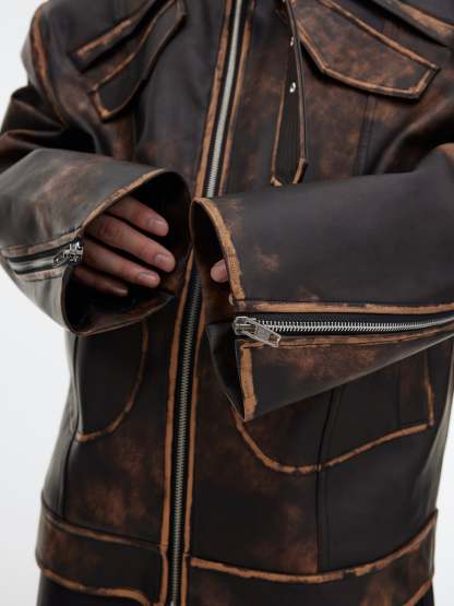 【23s October.】Brown Vintage Distressed PU Leather Jacket-IYAMIUIO